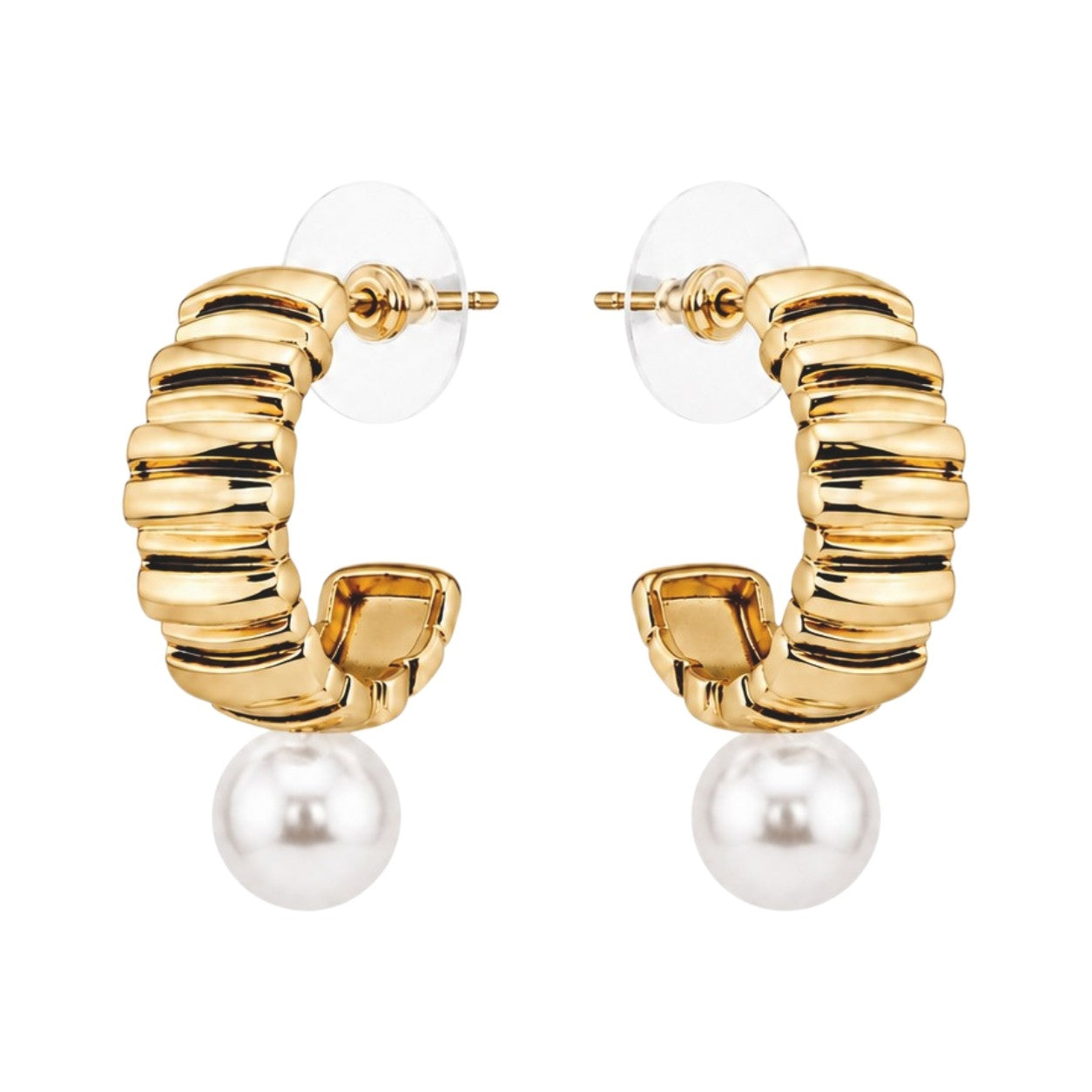 Pearl Charm Ribbed Hoops