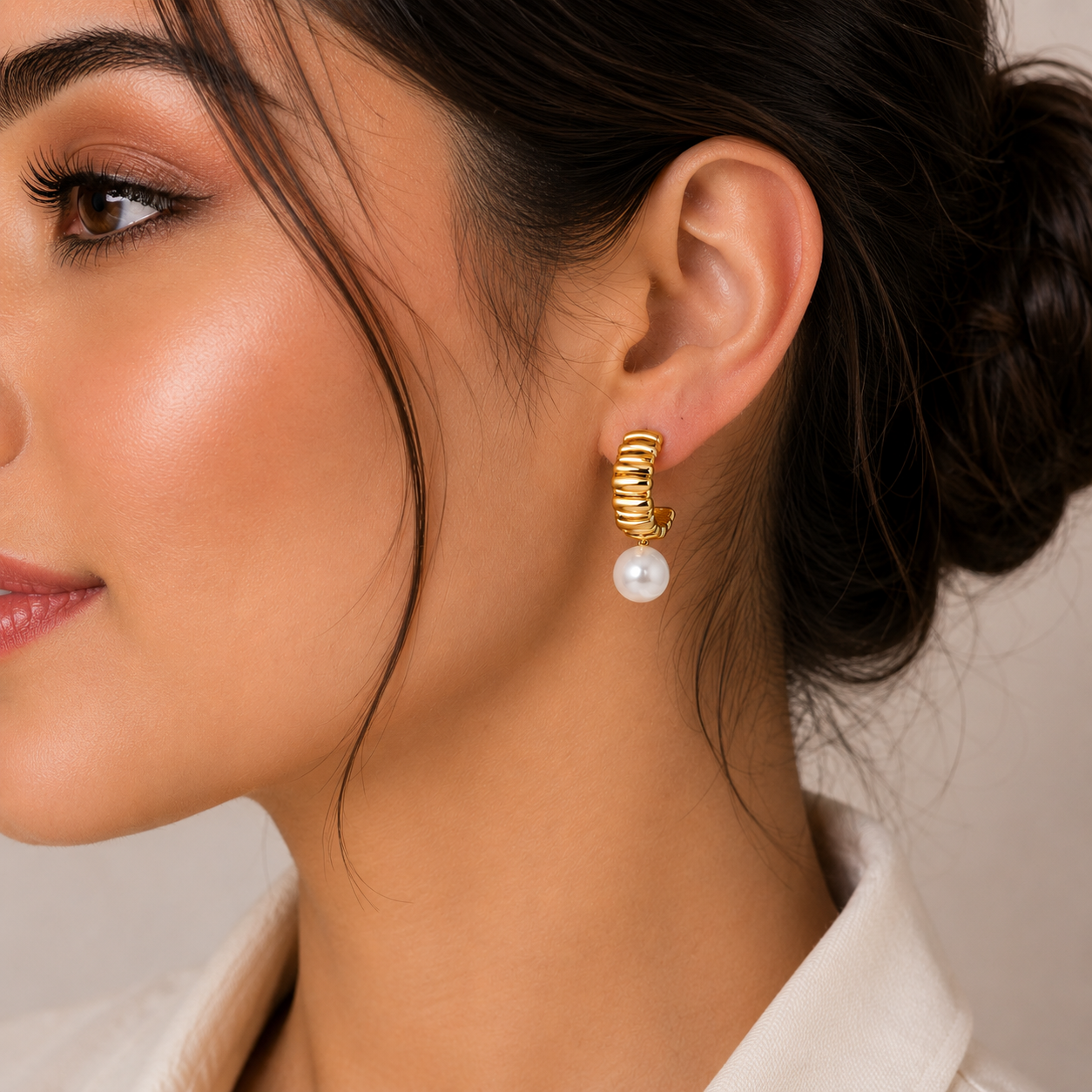 Pearl Charm Ribbed Hoops